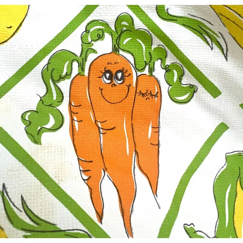 Vintage 70s Hildi Fruit and Vegetable Tablecloth 69x53 in Anthropomorphic Vinyl
